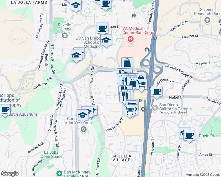 map of restaurants, bars, coffee shops, grocery stores, and more near 8840 Villa La Jolla Drive in San Diego