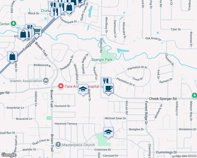 map of restaurants, bars, coffee shops, grocery stores, and more near 4003 Inwood Lane in Colleyville
