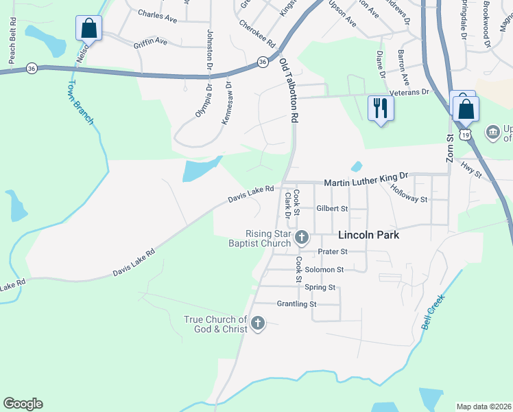 map of restaurants, bars, coffee shops, grocery stores, and more near 121 Lincoln Park Circle in Thomaston