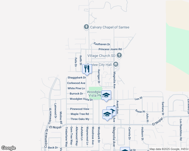 map of restaurants, bars, coffee shops, grocery stores, and more near 10273 Princess Sarit Way in Santee