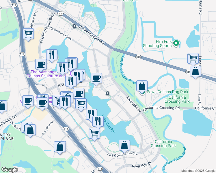 map of restaurants, bars, coffee shops, grocery stores, and more near 652 Dalton Lane in Irving