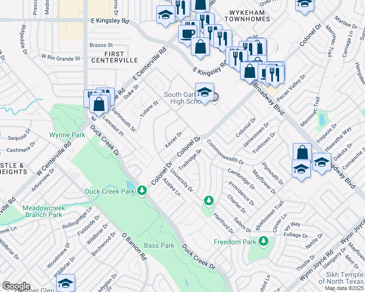 map of restaurants, bars, coffee shops, grocery stores, and more near 305 Colonel Drive in Garland