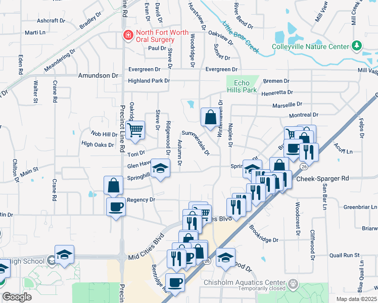 map of restaurants, bars, coffee shops, grocery stores, and more near 2828 Toni Court in Hurst