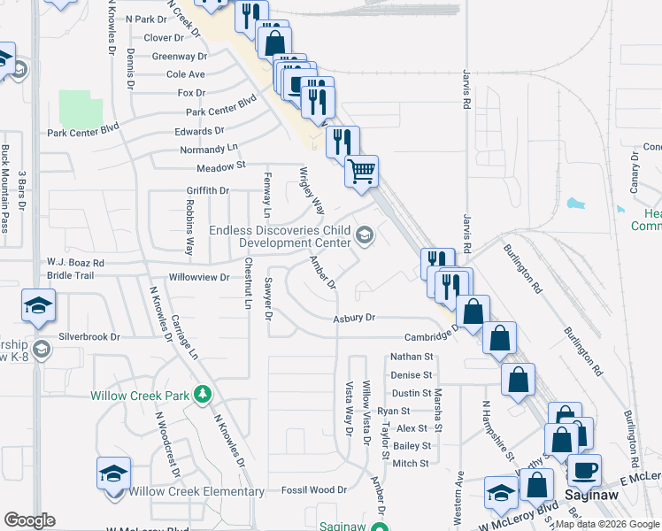 map of restaurants, bars, coffee shops, grocery stores, and more near 809 Rye Glen Court in Saginaw