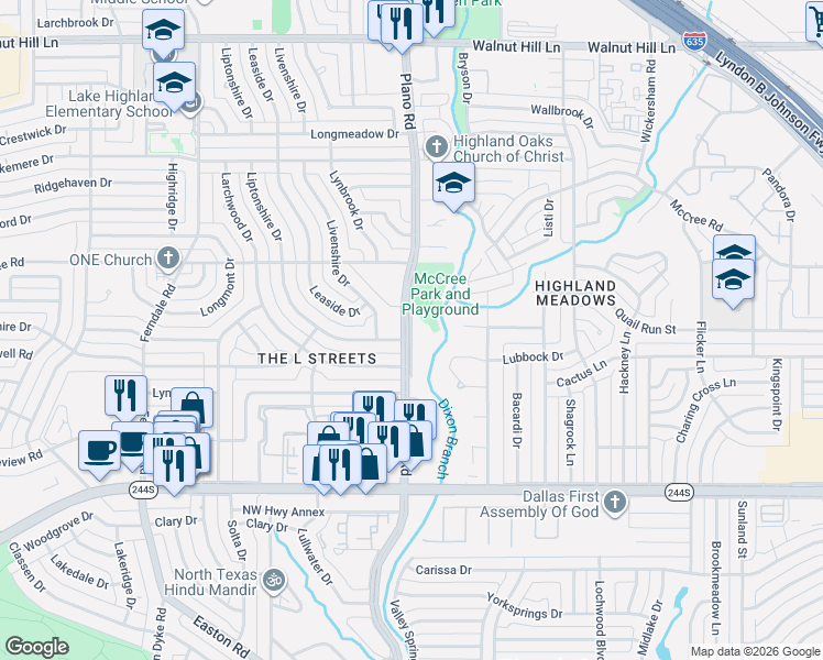 map of restaurants, bars, coffee shops, grocery stores, and more near Plano Pkwy in Dallas