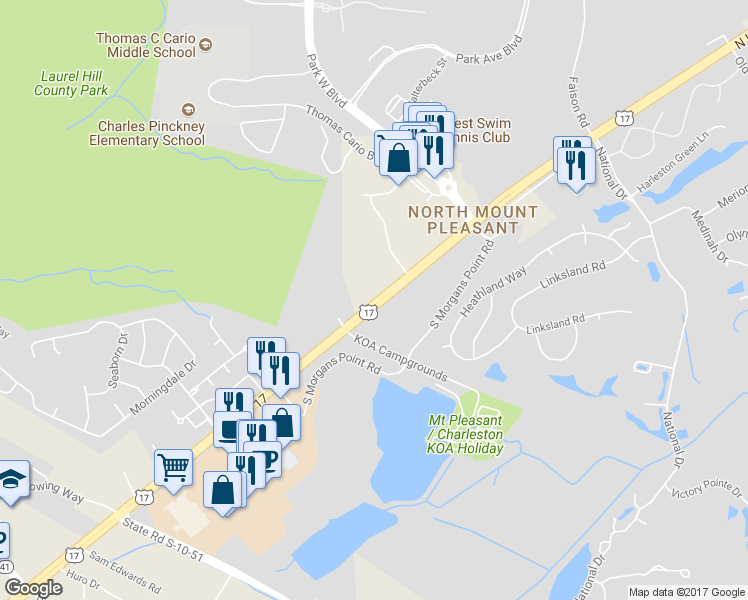 map of restaurants, bars, coffee shops, grocery stores, and more near 3228 North Highway 17 in Mount Pleasant