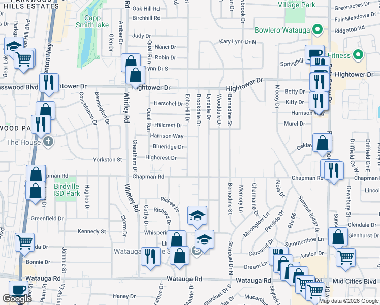 map of restaurants, bars, coffee shops, grocery stores, and more near 6804 Echo Hill Drive in Watauga