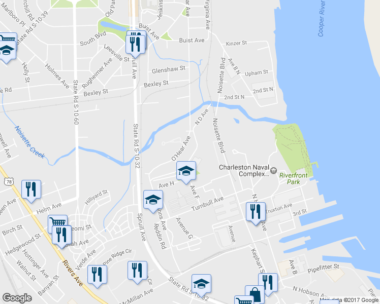 map of restaurants, bars, coffee shops, grocery stores, and more near 4143 Saint Johns Avenue in North Charleston