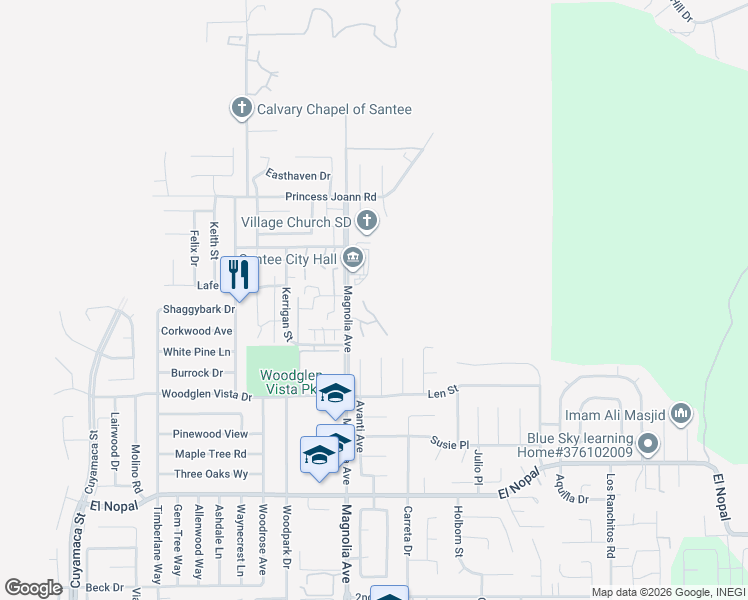 map of restaurants, bars, coffee shops, grocery stores, and more near 10529 Flora Verda Court in Santee