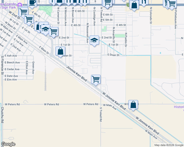 map of restaurants, bars, coffee shops, grocery stores, and more near 75 South Trekell Road in Casa Grande