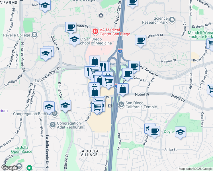 map of restaurants, bars, coffee shops, grocery stores, and more near 8843 Villa La Jolla Drive in San Diego