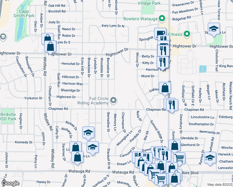 map of restaurants, bars, coffee shops, grocery stores, and more near 6808 Quail Meadow Dr in Watauga
