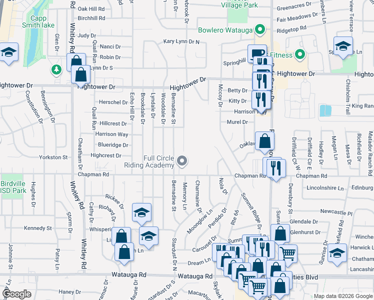 map of restaurants, bars, coffee shops, grocery stores, and more near 6808 Quail Meadow Drive in Watauga