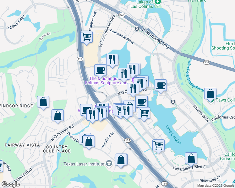 map of restaurants, bars, coffee shops, grocery stores, and more near 2 Las Colinas Boulevard in Irving