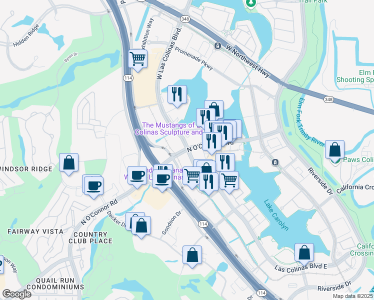 map of restaurants, bars, coffee shops, grocery stores, and more near 2 Las Colinas Boulevard in Irving