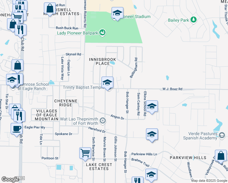 map of restaurants, bars, coffee shops, grocery stores, and more near 6045 West J Boaz Road in Fort Worth