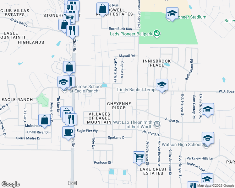 map of restaurants, bars, coffee shops, grocery stores, and more near 7233 Little Mohican Drive in Fort Worth