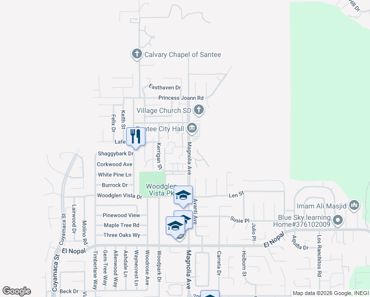 map of restaurants, bars, coffee shops, grocery stores, and more near 10571 Kerrigan Court in Santee