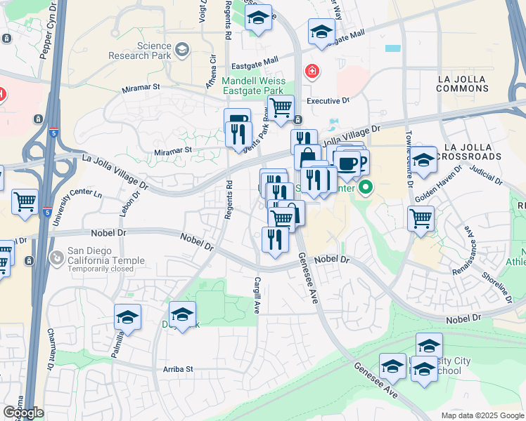 map of restaurants, bars, coffee shops, grocery stores, and more near 8775 Costa Verde Boulevard in San Diego