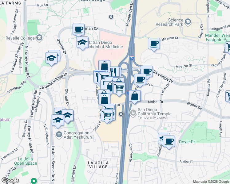 map of restaurants, bars, coffee shops, grocery stores, and more near 8843 Villa La Jolla Drive in San Diego