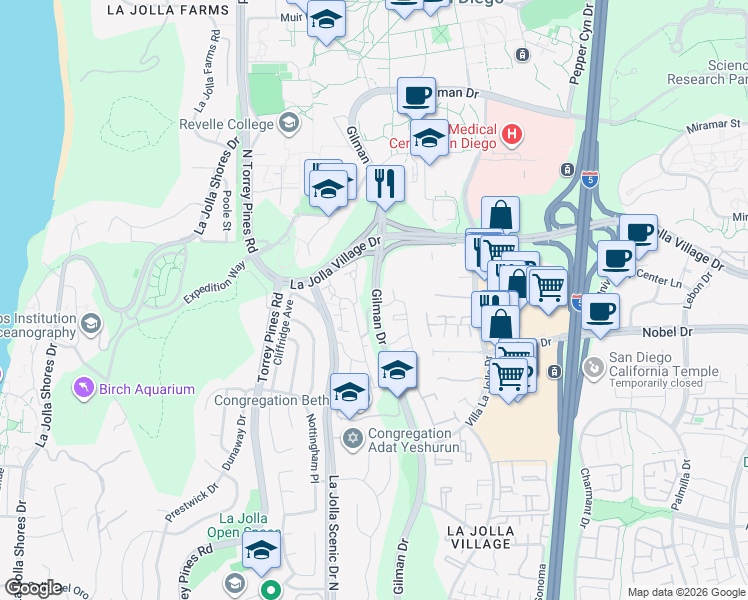 map of restaurants, bars, coffee shops, grocery stores, and more near 8931 Caminito Fresco in San Diego