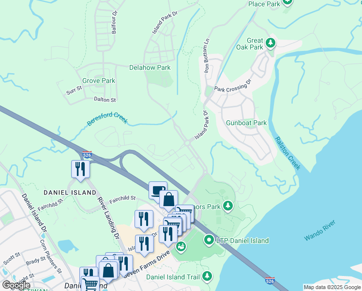 map of restaurants, bars, coffee shops, grocery stores, and more near 515 Robert Daniel Drive in Charleston