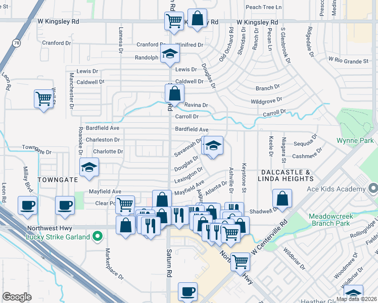 map of restaurants, bars, coffee shops, grocery stores, and more near 3904 Savannah Dr in Garland
