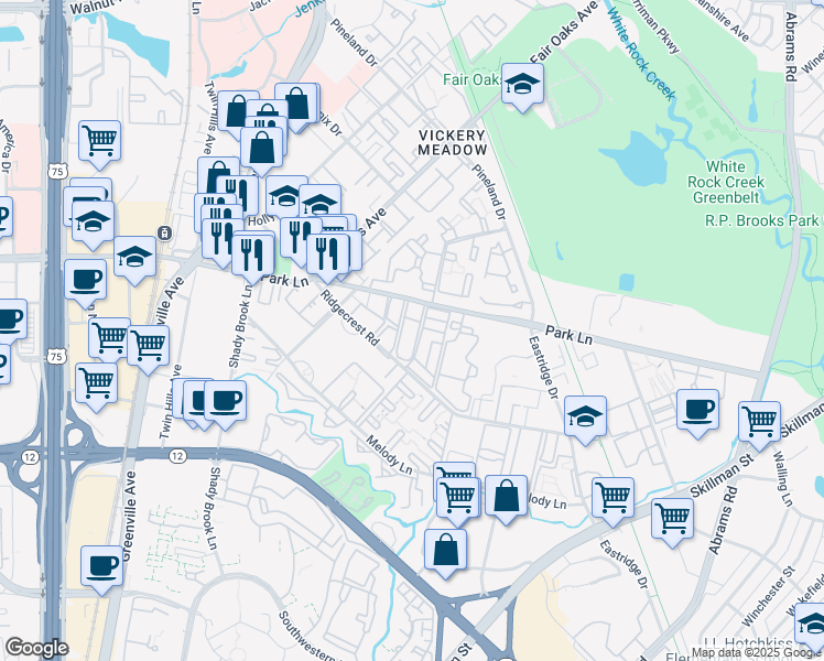 map of restaurants, bars, coffee shops, grocery stores, and more near 8550 Park Lane in Dallas