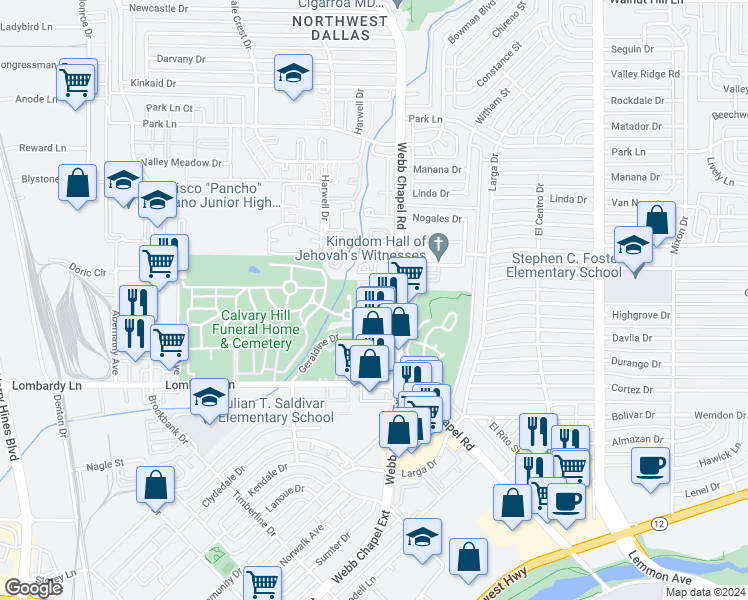 map of restaurants, bars, coffee shops, grocery stores, and more near 9777 Webb Chapel Road in Dallas