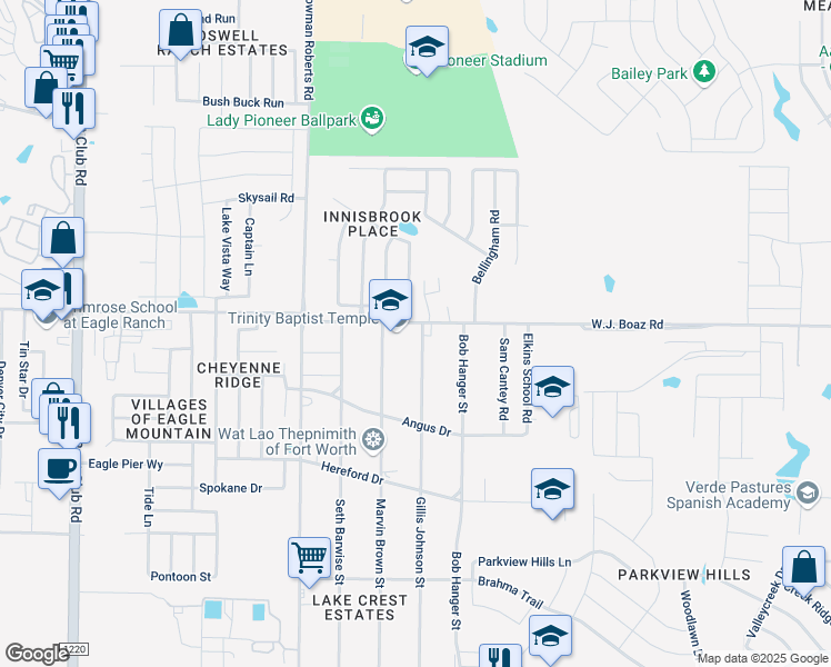 map of restaurants, bars, coffee shops, grocery stores, and more near 6045 West J Boaz Road in Fort Worth