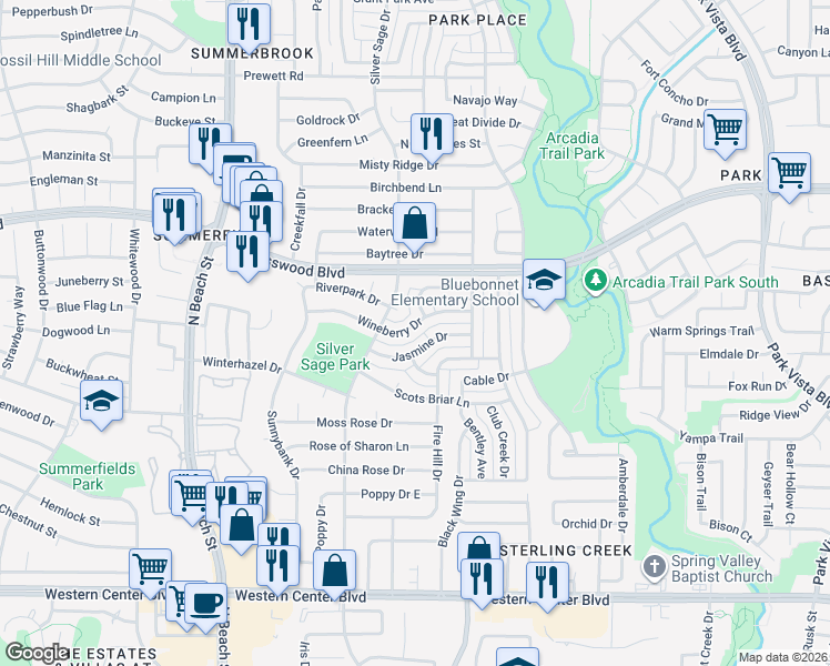 map of restaurants, bars, coffee shops, grocery stores, and more near 4732 Wineberry Drive in Fort Worth