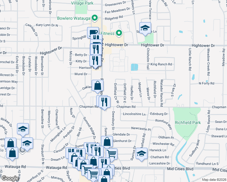map of restaurants, bars, coffee shops, grocery stores, and more near 6809 Driffield Circle in North Richland Hills