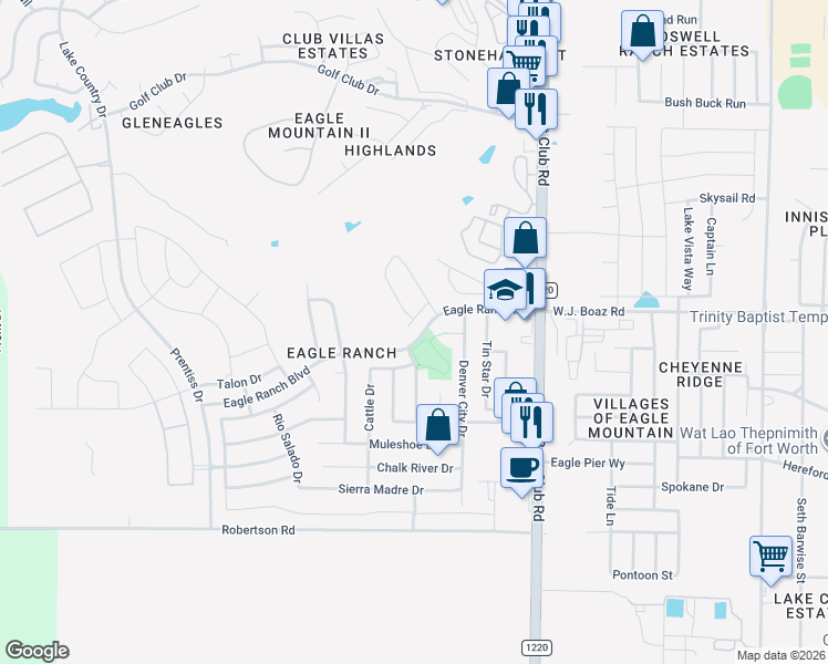 map of restaurants, bars, coffee shops, grocery stores, and more near 3317 Roundup Road in Fort Worth