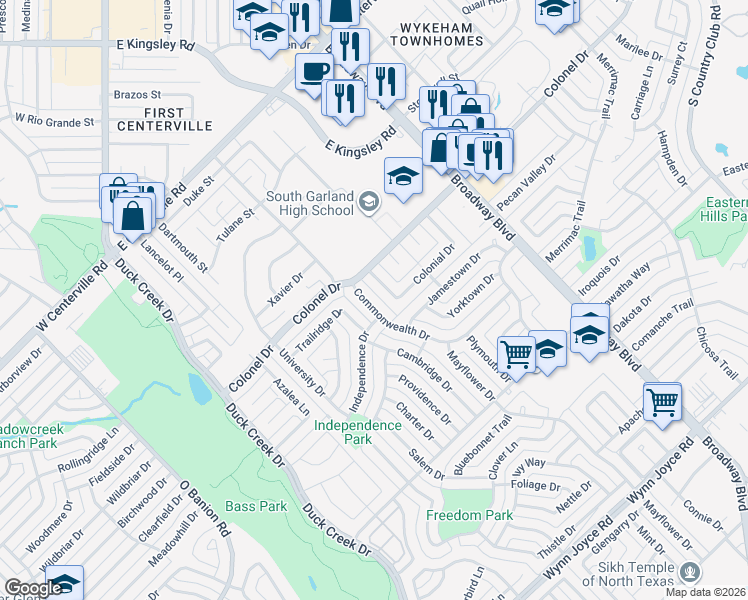 map of restaurants, bars, coffee shops, grocery stores, and more near 3718 Commonwealth Drive in Garland