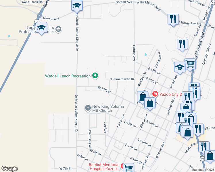map of restaurants, bars, coffee shops, grocery stores, and more near 1525 Winterset Avenue in Yazoo City