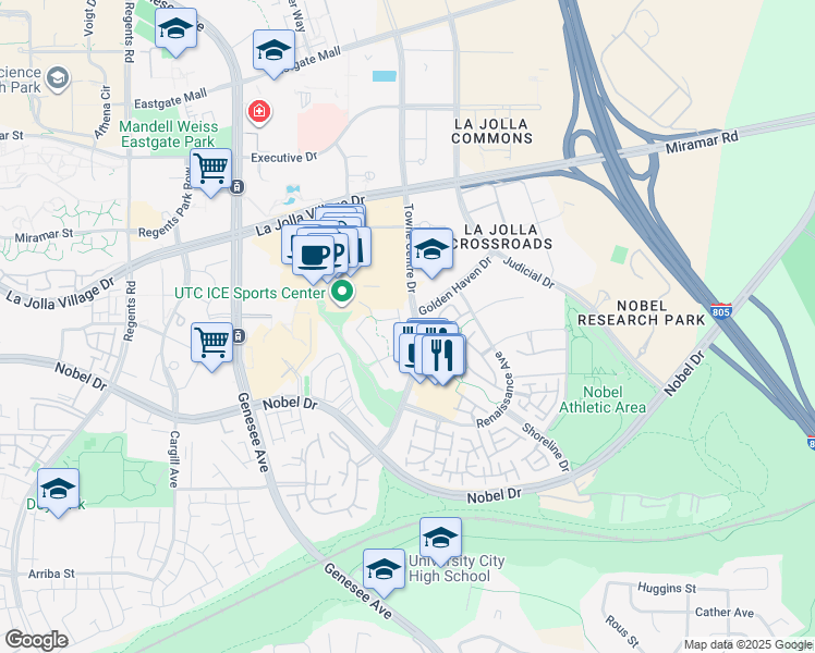 map of restaurants, bars, coffee shops, grocery stores, and more near 8993 January Place in San Diego