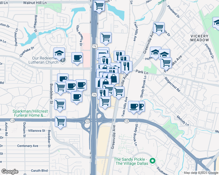 map of restaurants, bars, coffee shops, grocery stores, and more near 8160 Park Lane in Dallas