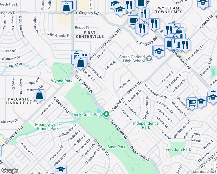 map of restaurants, bars, coffee shops, grocery stores, and more near 3615 University Drive in Garland
