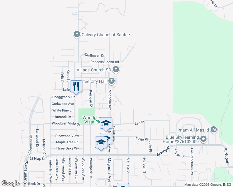 map of restaurants, bars, coffee shops, grocery stores, and more near 10529 Flora Verda Court in Santee