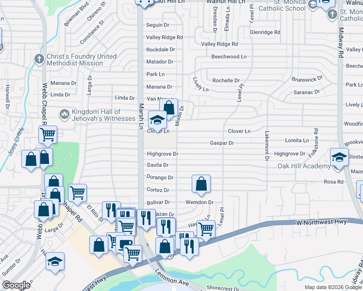 map of restaurants, bars, coffee shops, grocery stores, and more near 3822 Gaspar Drive in Dallas