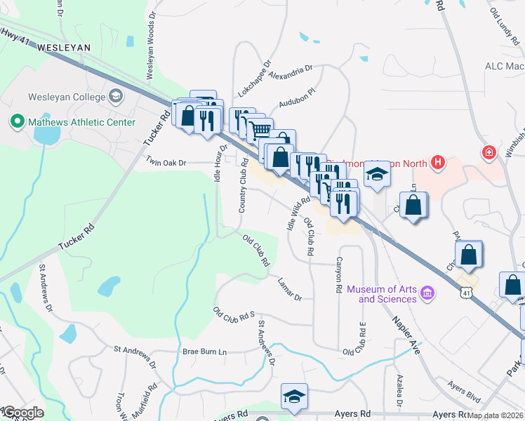 map of restaurants, bars, coffee shops, grocery stores, and more near 212 Old Club Court in Macon