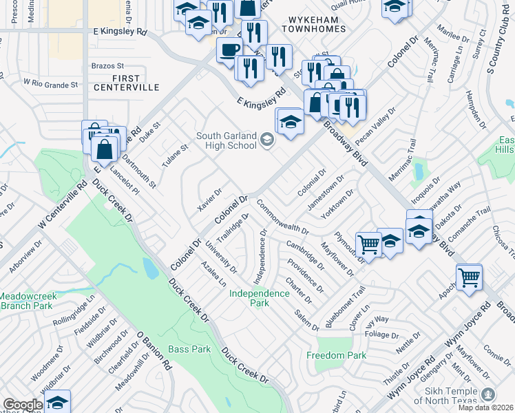 map of restaurants, bars, coffee shops, grocery stores, and more near 3718 Commonwealth Drive in Garland