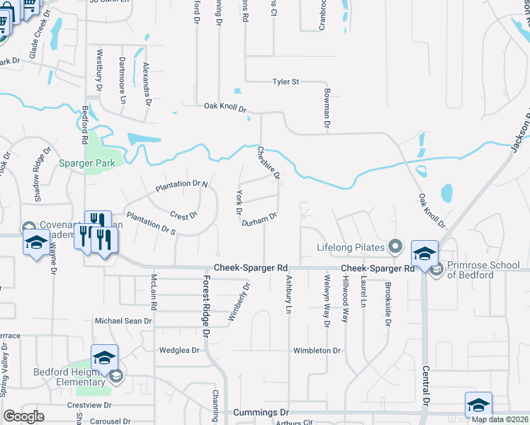 map of restaurants, bars, coffee shops, grocery stores, and more near 1616 Durham Drive in Colleyville