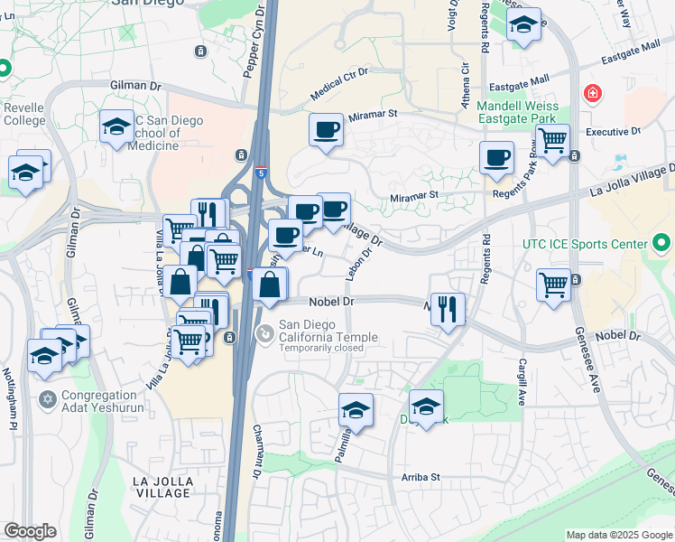 map of restaurants, bars, coffee shops, grocery stores, and more near 3550 Lebon Drive in San Diego