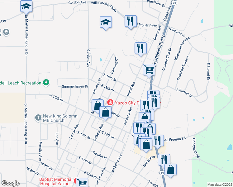 map of restaurants, bars, coffee shops, grocery stores, and more near 1729 Easy Street in Yazoo City