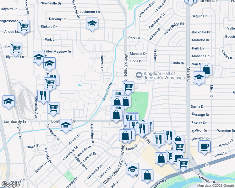 map of restaurants, bars, coffee shops, grocery stores, and more near 9777 Webb Chapel Road in Dallas