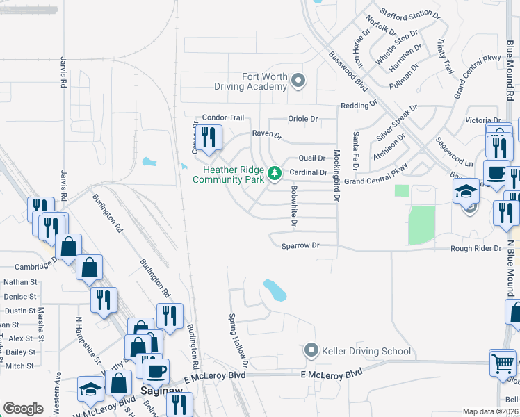 map of restaurants, bars, coffee shops, grocery stores, and more near 605 Partridge Drive in Saginaw