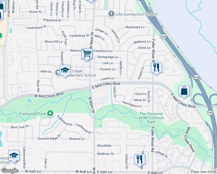 map of restaurants, bars, coffee shops, grocery stores, and more near 2309 Holly Drive in Euless
