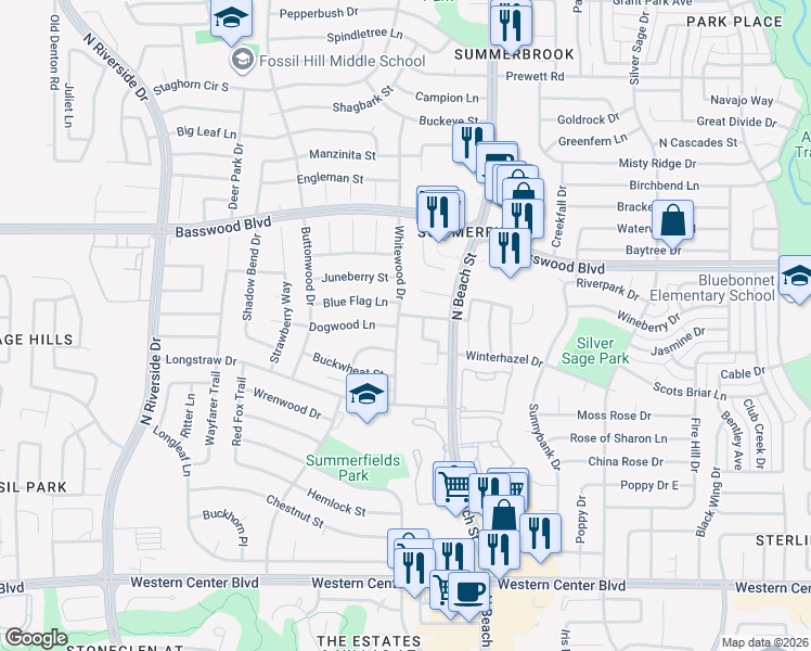 map of restaurants, bars, coffee shops, grocery stores, and more near 7116 Whitewood Dr in Fort Worth