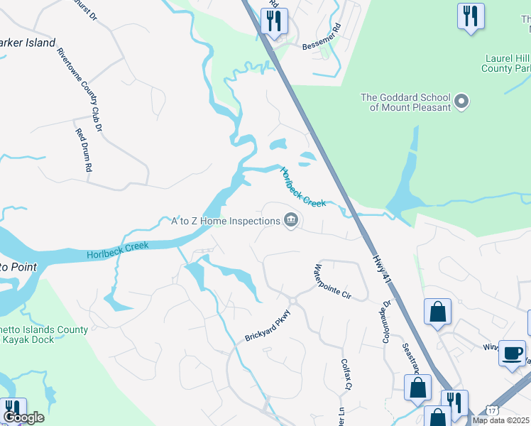 map of restaurants, bars, coffee shops, grocery stores, and more near 1411 Black River Drive in Mount Pleasant